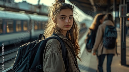 Young sad beautiful female student girl with backpack at train station waiting for her train to travel looking at camera