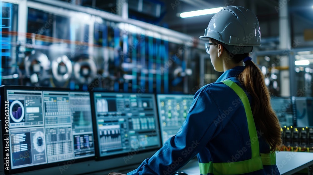 Engineer Analyzing Data on Factory Control Screens Engineer Analyzing Data on Factory Control Screens