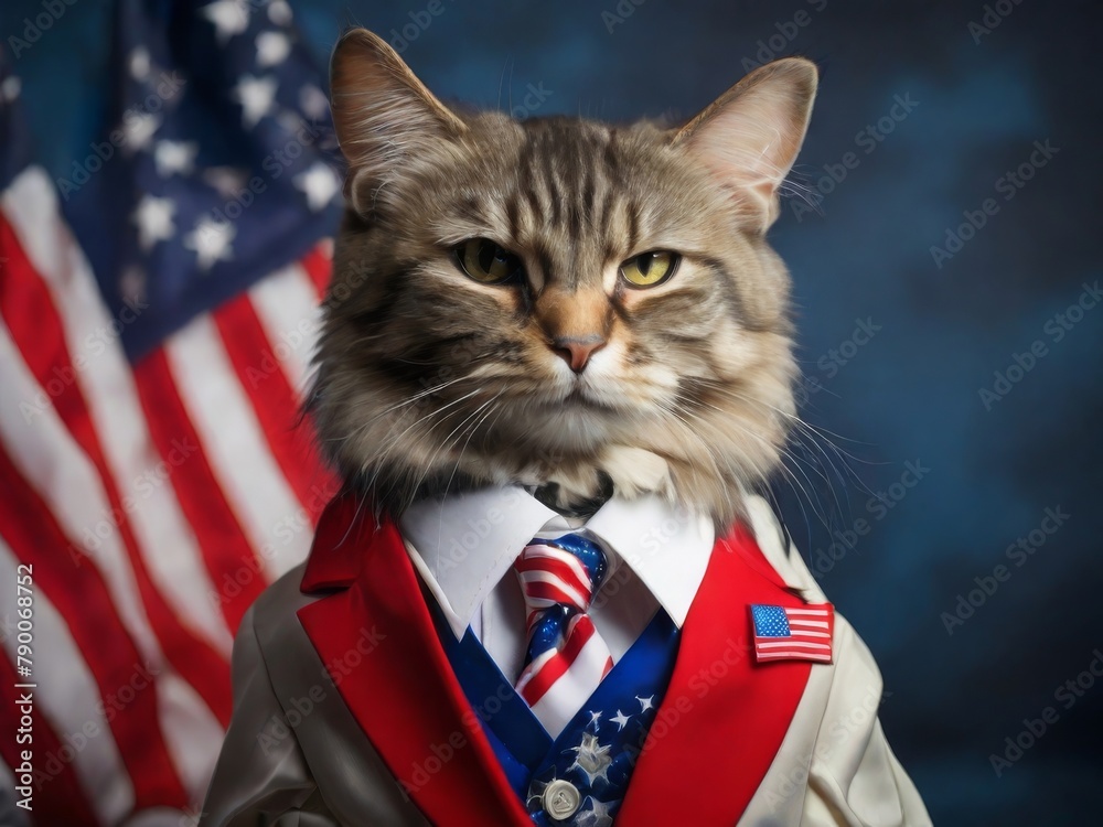 Serious cat in a suit against the background of the US flag. US Independence Day