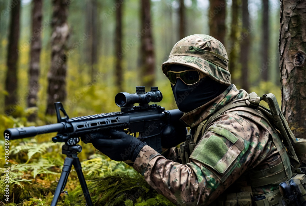 Soldier sniper in disguise military camouflage shooting from weapon in forest nature, unrecognizable masked. Military man guard in country border holding weapon on war, outdoors. Copy ad text space