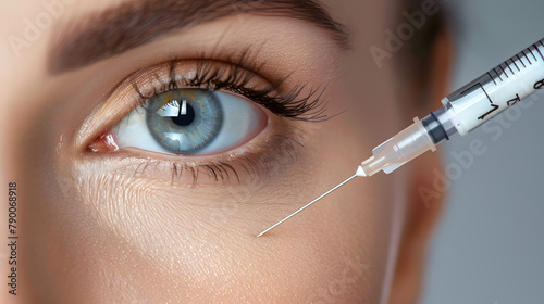 Close-up of a female eye and eyebrow with syringe applying cosmetic treatment. Macro shot with clear detail. Beauty and skincare concept. Design for banner, beauty clinic advertisement