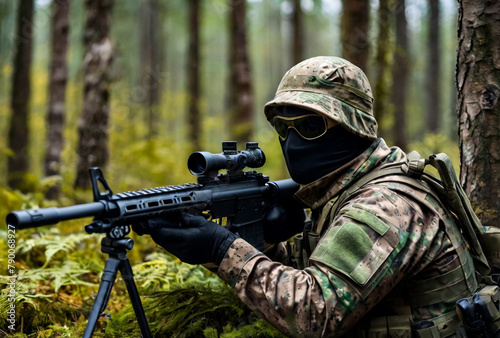 Soldier sniper in disguise military camouflage shooting from weapon in forest nature, unrecognizable masked. Military man guard in country border holding weapon on war, outdoors. Copy ad text space