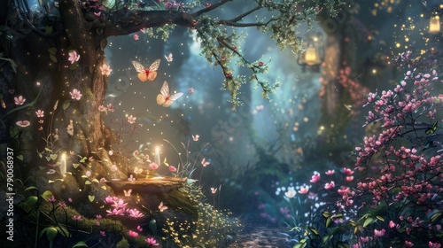 Fairy Day background concept. woods nature. copy space. butterfly and fireflies © Otseira