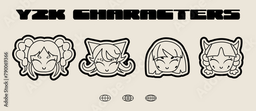 Future retro cartoon character in Y2K style. Cyber girls for 90s design. Collection of vector objects