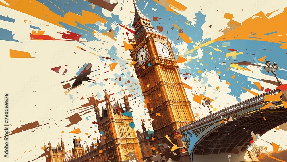A collage of iconic London landmarks, such as Big Ben and the London skyline, with abstract elements representing English culture and art, with an emphasis on warm earth tones