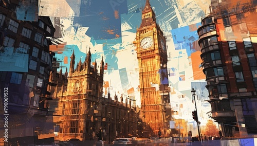 A collage of iconic London landmarks, such as Big Ben and the London skyline, with abstract elements representing English culture and art, with an emphasis on warm earth tones