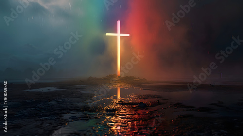 a large cross with rainbow light shining out of it. dark background