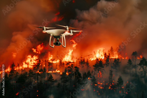 Drone with digital camera flying over burning forest, fire and smoke. Generative AI