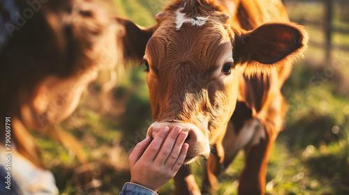 Young woman feeding cows in a meadow on a sunny day.