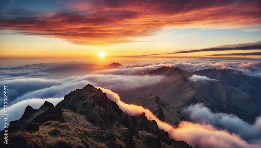 Nature background with sunrise over clouds. It is on the top of Pico do Aries mountain, Madeira island, Portugal.