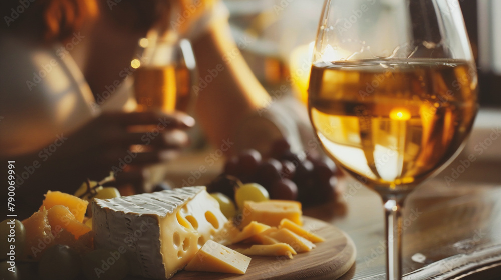 Glass of wine with Cheese platter with grapes and crackers Glass of wine with Cheese platter with grapes and crackers