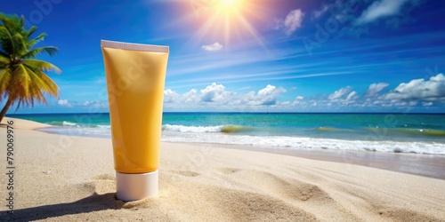 A tube of sunscreen lotion provides essential UV protection for a beach vacation under the summer sun.