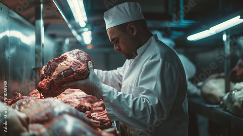 Butcher cutting meat in a butcher's shop. Food industry.