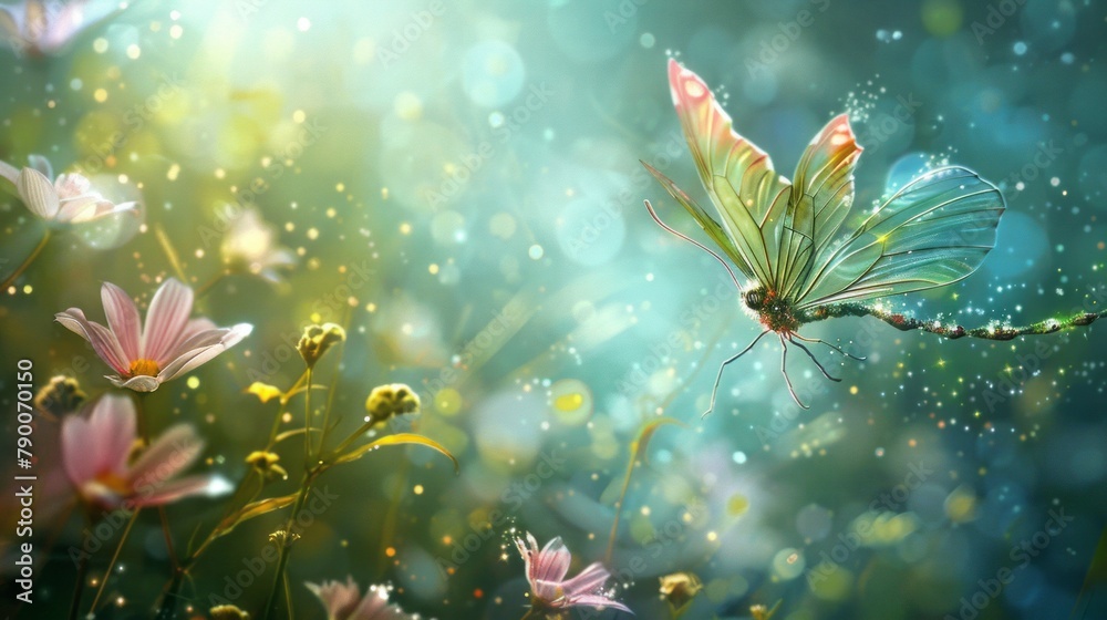 Fairy Day background concept. woods nature. copy space. butterfly and fireflies
