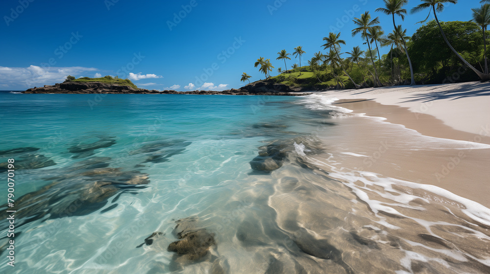 Obraz premium Une plage tropicale paradisiaque, avec du sable blanc comme neige s'étendant jusqu'à l'horizon, des palmiers se balançant doucement dans la brise marine, et des eaux cristallines où les vagues viennen