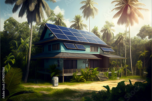House with solar panels on the roof in the jungle. AI generated