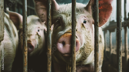 Portrait of a young pig in a cage at a farm.