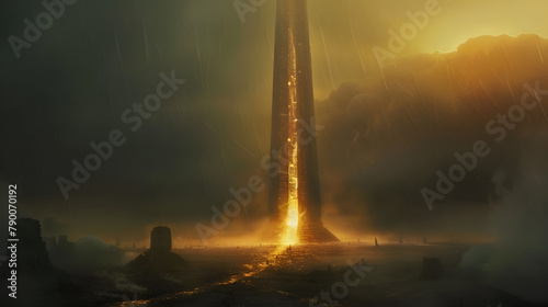 A massive obelisk with golden light radiating from it. set against a night sky