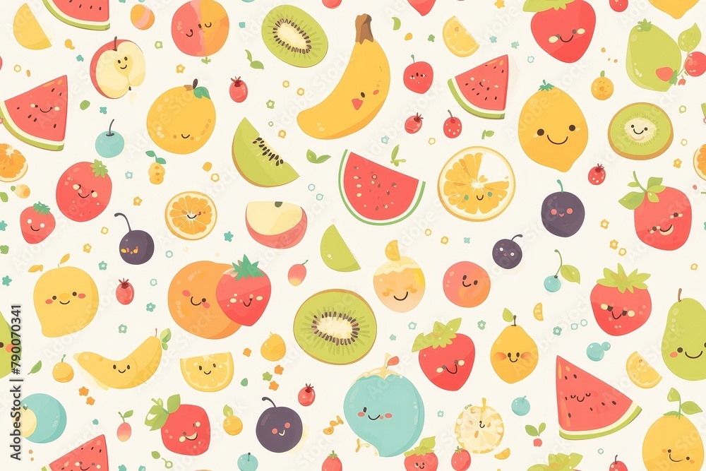 A cute and colorful cartoon pattern of fruits with smiling faces