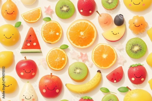 A cute and colorful cartoon pattern of fruits with smiling faces