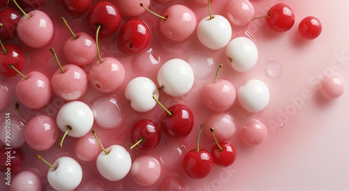 red cherries on a white background   template empty space   grainy noise grungy texture color gradient rough abstract background shine bright light and glow 