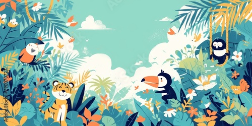 A cute cartoon illustration of a jungle scene with tigers, monkeys and parrots hanging from trees, designed for children's book illustrations