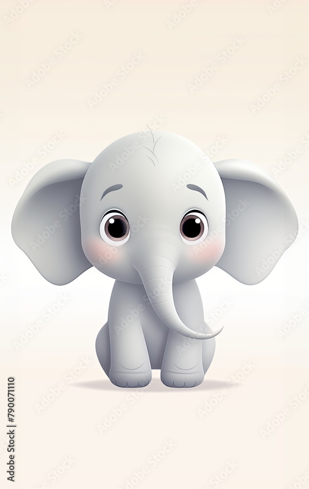 An illustration of a cute baby elephant sitting down with big ears and a long trunk.