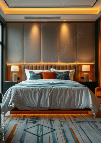 Modern style hotel room. Double bed. Comfortable  contemporary  stylish hotel room. Travel. Tourism. Vacation.