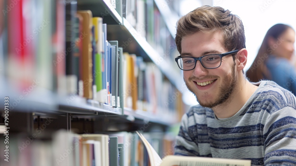 Grinning male scholar studying in a library. Grinning male scholar studying in a library.