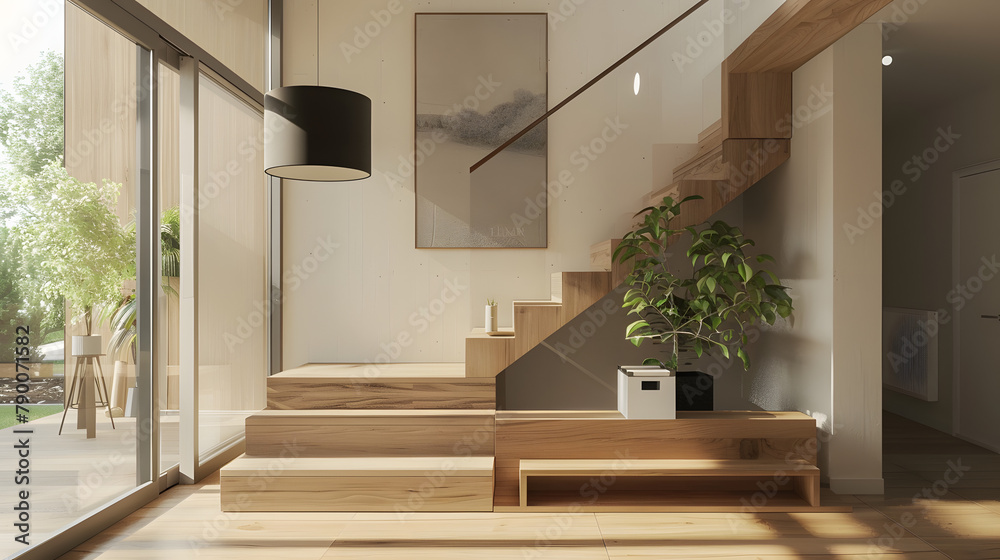 A modern entryway with minimalist decor. featuring an open space under the staircase and a wooden console table. The room is illuminated by natural light from large windows on one side