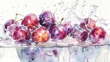 A sequence of plums falling into a water basin