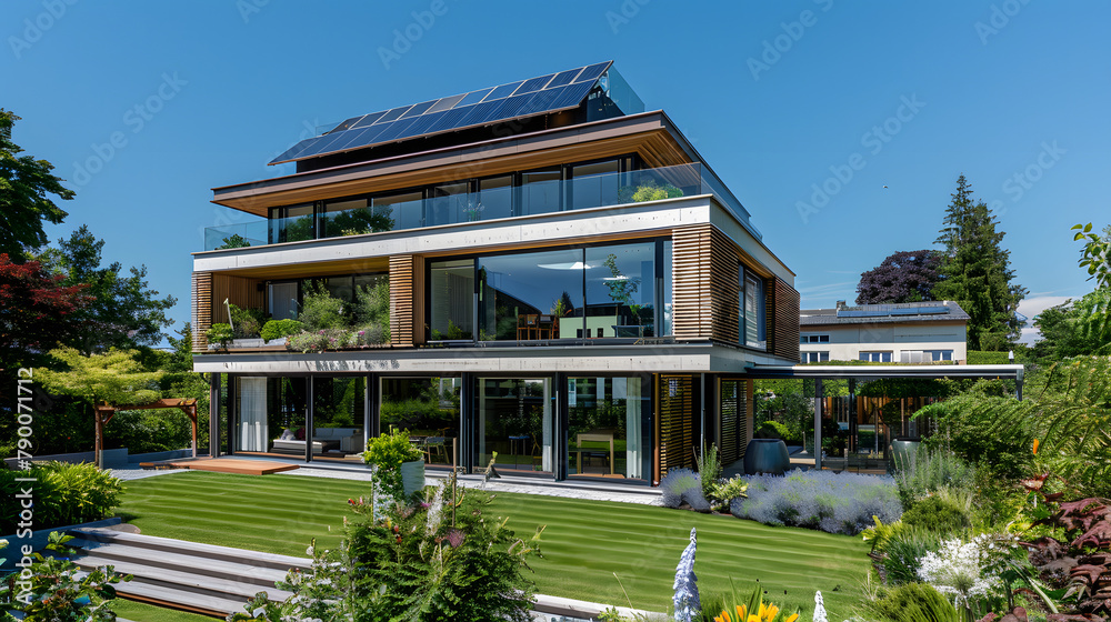 A modern house with solar panels on the roof. symbolizing sustainable energy and green living in Germany