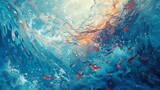 Illustrate a surreal underwater scene from a birds-eye view, incorporating swirling patterns of aquatic life in a dreamy, ethereal setting Utilize watercolor techniques for a soft, fluid transition be