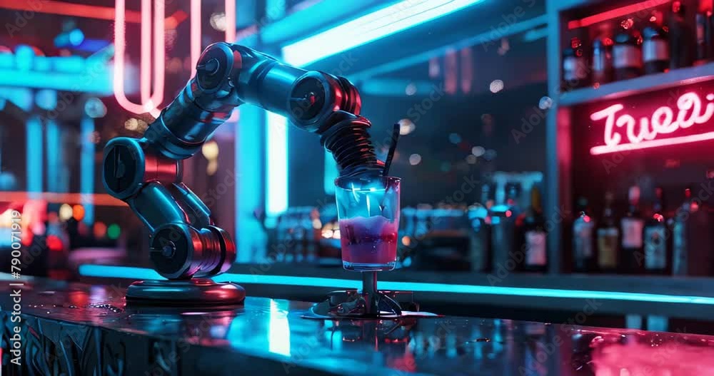 Futuristic robotic arm preparing a drink under vibrant neon lights ...