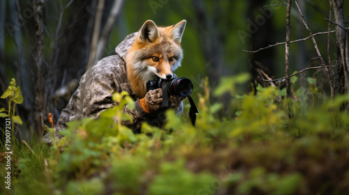 Un photographe de nature capture des images de la faune à l'aube dans un parc national. Armé de son appareil photo avec un objectif longue portée, il est camouflé parmi les buissons et les arbres, obs