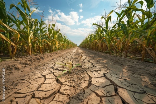 Dried cornfield field with cracked soil. photo