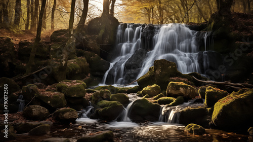 Une cascade majestueuse  chutant d une falaise escarp  e au milieu d une for  t luxuriante  avec l eau qui jaillit en un rideau blanc   clatant et des rayons de soleil qui filtrent    travers la canop  e p