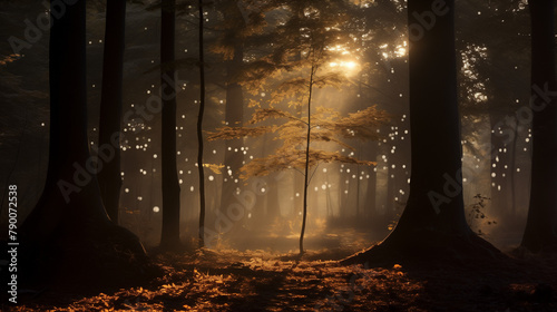 Une forêt dense et mystérieuse, avec des arbres touffus s'élevant vers le ciel, un tapis de feuilles mortes recouvrant le sol, et des rayons de lumière qui filtrent à travers le feuillage pour créer d