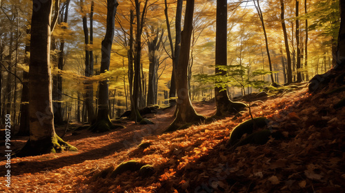 Une forêt d'automne aux couleurs éclatantes, avec des arbres aux feuilles rougeoyantes et dorées, un sentier sinueux serpentant à travers les bois, et des rayons de soleil filtrant à travers le feuill
