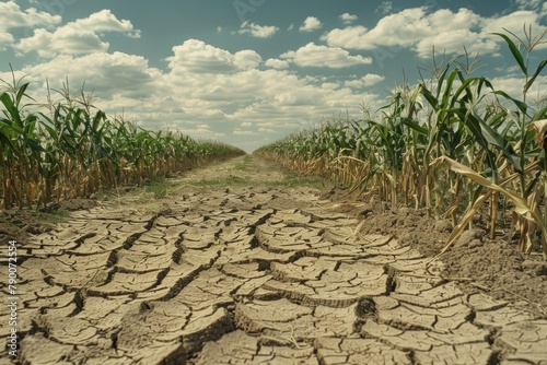 Dried cornfield field with cracked soil. photo