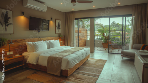 Modern style hotel room. Double bed. Comfortable  contemporary  stylish hotel room. Travel. Tourism. Vacation.