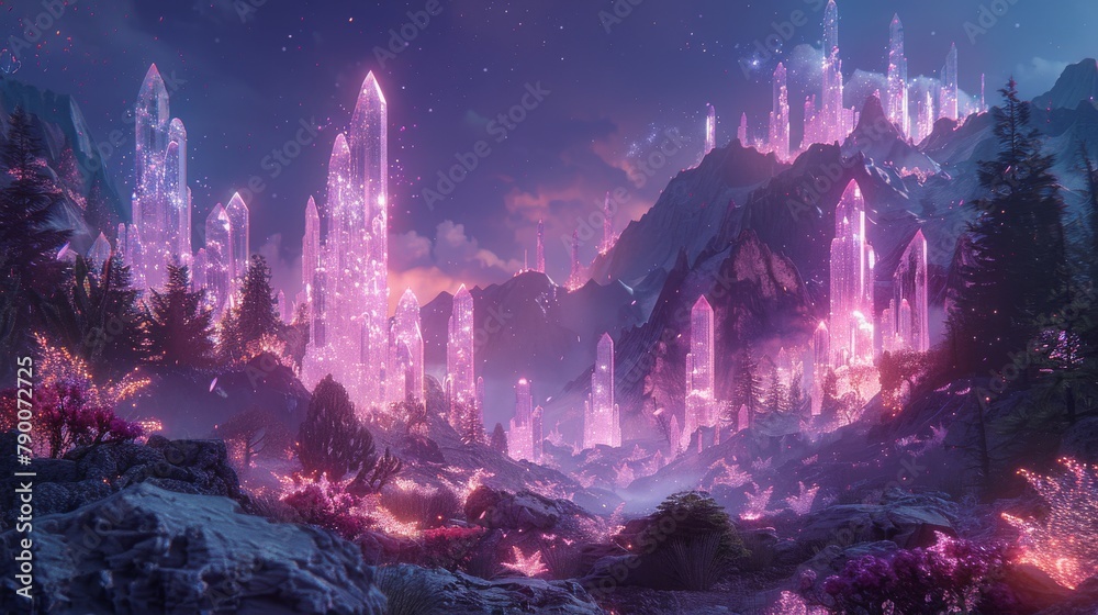 Pink crystal landscape with mountains, trees and flowers
