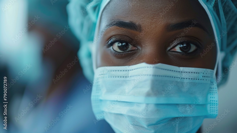 Female African American nurse wearing a protective face mask and medical cap. Female African American nurse wearing a protective face mask and medical cap.