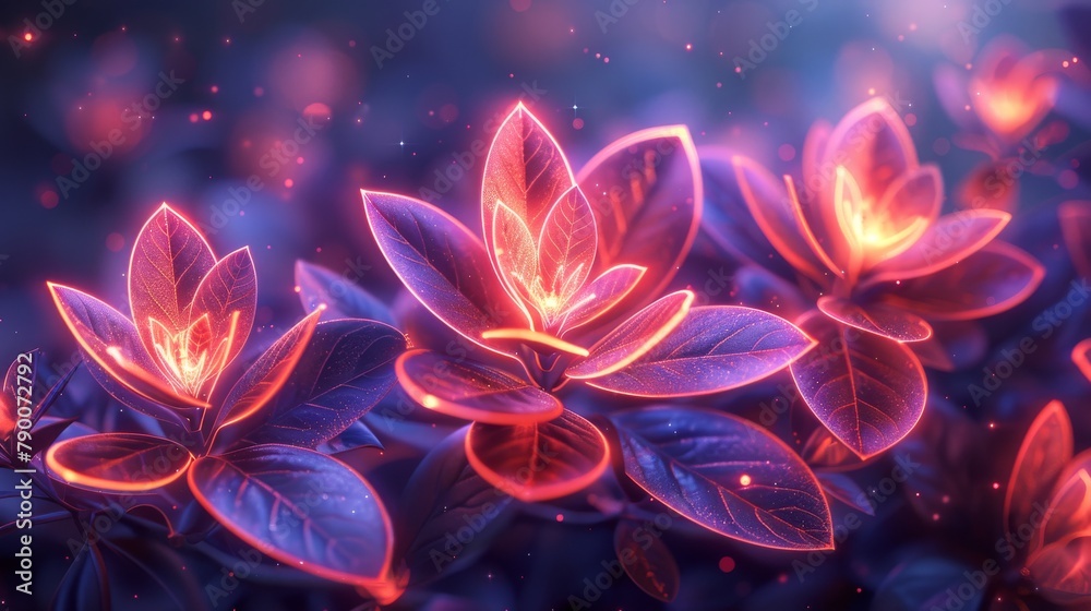 Glowing neon pink and purple flowers and leaves on a dark blue background Glowing neon pink and purple flowers and leaves on a dark blue background