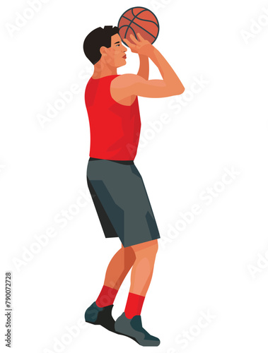 Kazakh basketball player in a red jersey who jumps on the spot and throws the ball with two hands