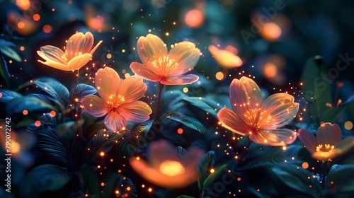 Glowing flowers in a dark forest with fireflies photo