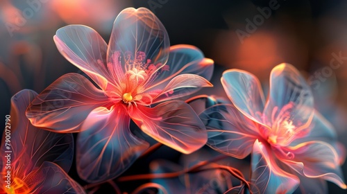 Radiant neon glowing flowers with translucent petals