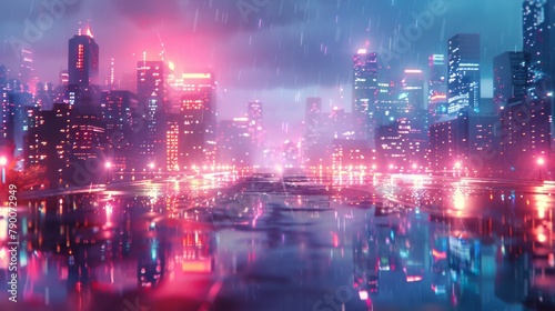 A rainy night in a cyberpunk city with neon lights reflecting off the wet pavement.