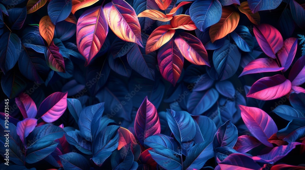 A dark blue background with neon blue, purple, and pink leaves.