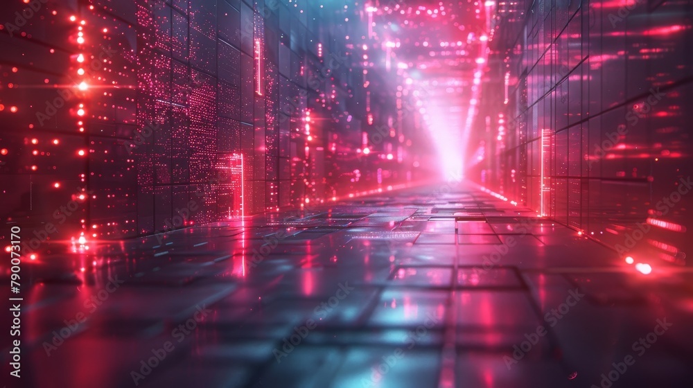 A glowing pink and blue digital tunnel.
